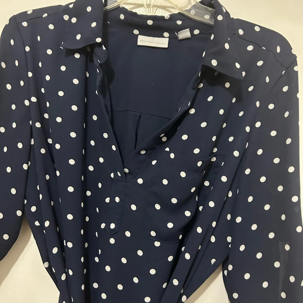 Navy Polka Dot Shirt Dress - Picture 2 of 3